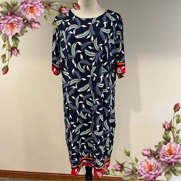 Navy Leaf Print Long sleeve plus size stretchy dress size 1XL - Picture 1 of 11